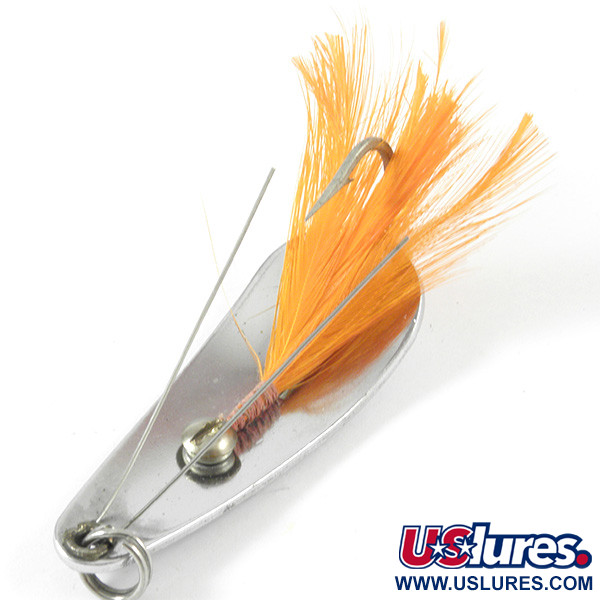 Vintage Weezel bait Rex Spoon, 2/5oz Nickel / Orange Feather fishing spoon  #3352