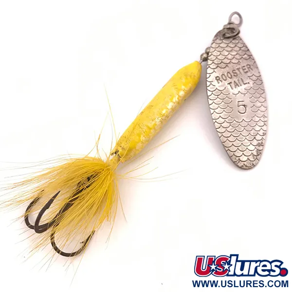Vintage  Yakima Bait Worden’s Original Rooster Tail 5, 2/5oz Silver / Yellow spinning lure #3908