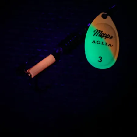 Mepps Aglia 3 UV, 1/4oz Yellow / Orange / Gold UV Glow in UV light, Fluorescent spinning lure #3983