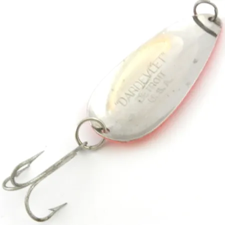 Vintage Eppinger Dardevle Dardevlet , 3/4oz Orange Red / Nickel / UV Glow in UV light, Fluorescent fishing spoon #4010