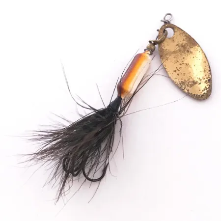 Vintage Yakima Bait Worden’s Original Rooster Tail Glow, 3/32oz Brass / White / Black Glow in Dark spinning lure #4044