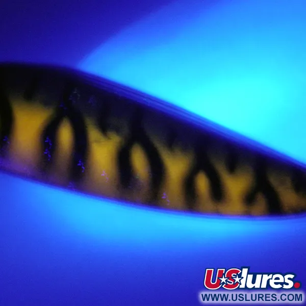 Vintage Boss Lures Boss Spoon, 2/3oz Golden Tiger UV Glow in UV light, Fluorescent fishing spoon #4070
