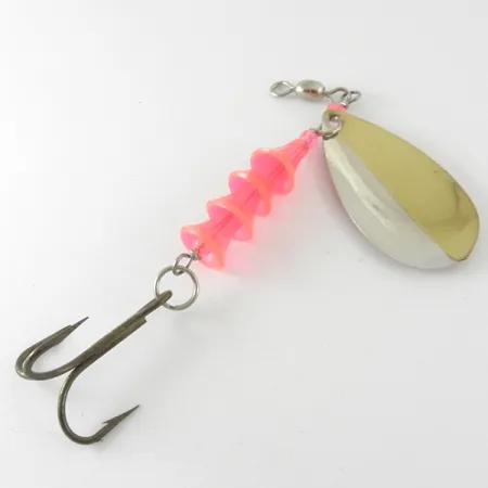 Vintage Luhr Jensen TEE Spoon, 2/5oz Nickel / Gold / Pink UV Glow in UV light, Fluorescent spinning lure #4177
