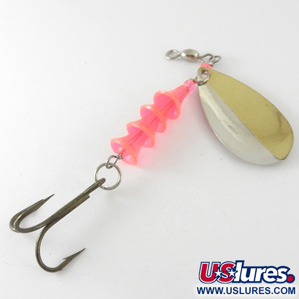 Vintage  Luhr Jensen TEE Spoon, 2/5oz Nickel / Gold / Pink UV Glow in UV light, Fluorescent spinning lure #4177