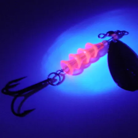 Vintage Luhr Jensen TEE Spoon, 2/5oz Nickel / Gold / Pink UV Glow in UV light, Fluorescent spinning lure #4177