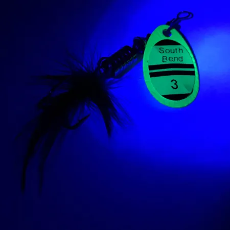 Vintage South Bend 3 UV, 1/4oz Green UV Glow in UV light, Fluorescent spinning lure #4186