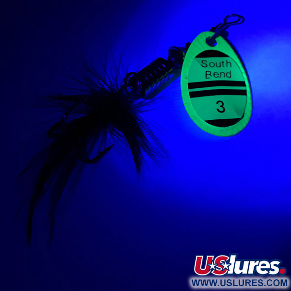 Vintage   South Bend 3 UV, 1/4oz Green UV Glow in UV light, Fluorescent spinning lure #4186