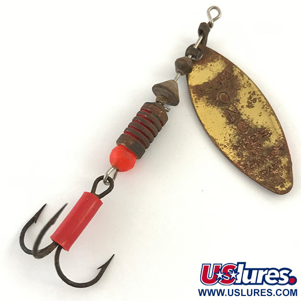 Vintage   Mepps Aglia Long 2, 1/4oz Red / Brass spinning lure #4420