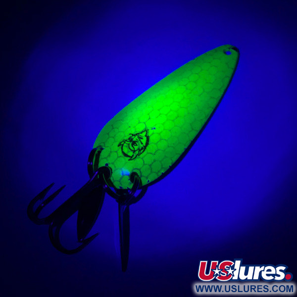 Vintage  Eppinger Dardevle Imp Klicker UV, 2/5oz Fluorescent Green UV Glow in UV light, Fluorescent fishing spoon #4481