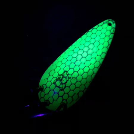 Vintage Eppinger Dardevle Imp Klicker UV, 2/5oz Green / Nickel / Yellow UV Glow in UV light, Fluorescent fishing spoon #4771