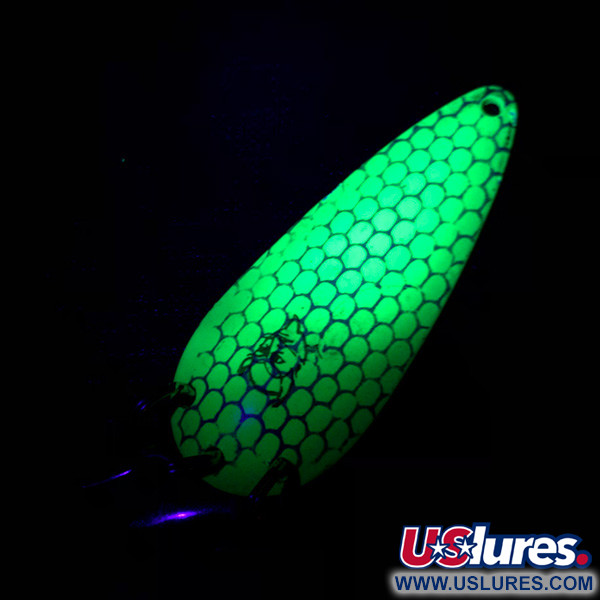 Vintage  Eppinger Dardevle Imp Klicker UV, 2/5oz Green / Nickel / Yellow UV Glow in UV light, Fluorescent fishing spoon #4771
