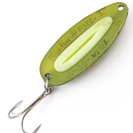 Vintage Blue Fox Pixee UV, 1/2oz Green Gold / Yellow fishing spoon #4842