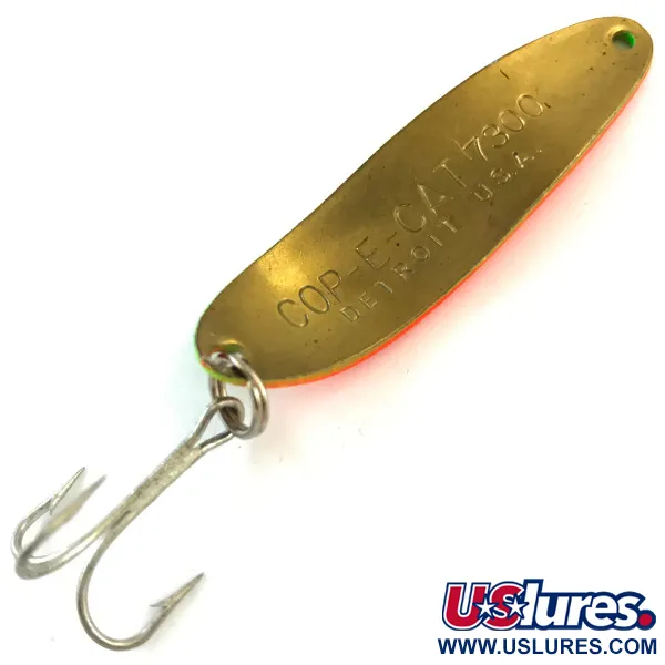 Vintage  Eppinger Dardevle Cop-E-Cat 7300 UV, 1/3oz Fire Tiger / Brass. Fire Tiger UV Glow in UV light, Fluorescent fishing spoon #15717
