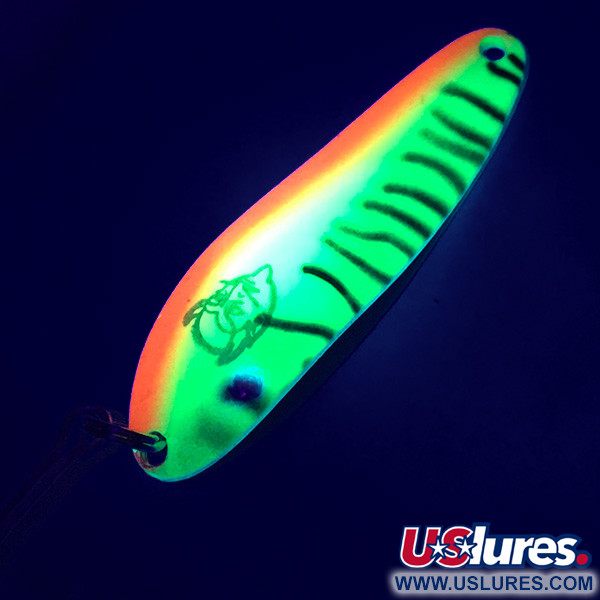 Vintage  Eppinger Dardevle Cop-E-Cat 7300 UV, 1/3oz Fire Tiger / Brass. Fire Tiger UV Glow in UV light, Fluorescent fishing spoon #15717