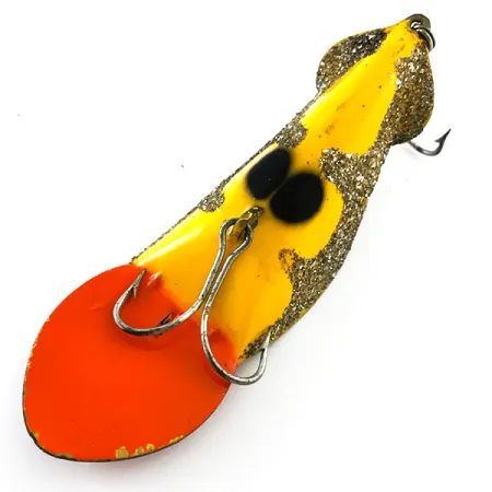 Vintage Buck Perry Spoonplug, 3/4oz Yellow / Orange / Gray Glitter fishing spoon #5220