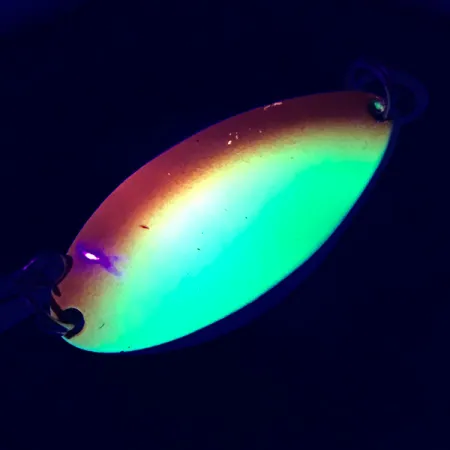 Vintage Seneca Little Cleo (Hula Girl) UV, 2/3oz Yellow / Orange / Nickel fishing spoon #5294