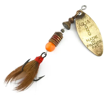 Vintage Mepps Aglia Long 1 Dressed, 3/16oz Brass / Red spinning lure #5377