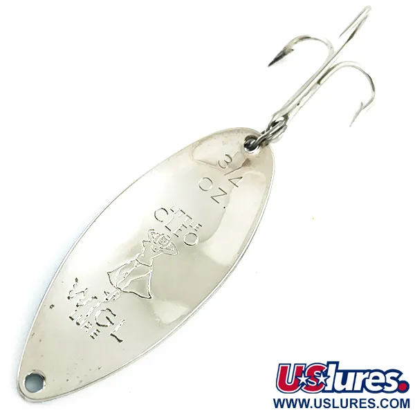 Vintage Seneca Little Cleo (Hula Girl), 3/4oz White Pearl / Nickel / Light Blue fishing spoon #5611