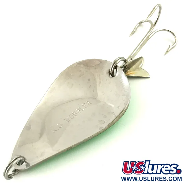 Vintage Acme K.O. Wobbler UV, 3/4oz Nickel / Green fishing spoon #5715