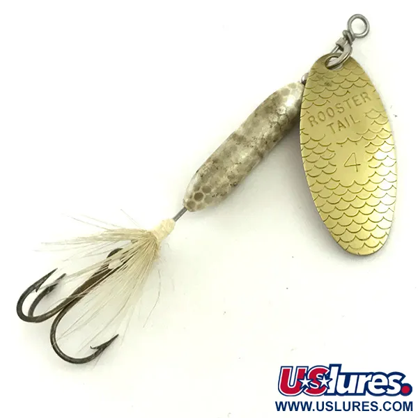 Vintage  Yakima Bait Worden’s Original Rooster Tail 4, 1/4oz Gold / White / Gray spinning lure #5724