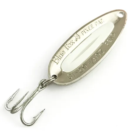Vintage Blue Fox Pixee UV, 1/4oz Hammered Nickel / White UV Glow in UV light, Fluorescent fishing spoon #5815