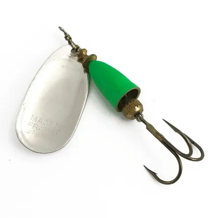Vintage Blue Fox Super Vibrax 5 UV, 1/2oz Silver / Green spinning lure #6104