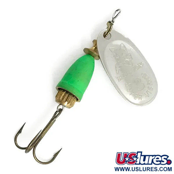 Vintage Blue Fox Super Vibrax 3 UV, 1/4oz Silver / Green spinning lure #5927