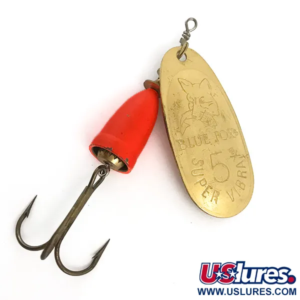 Vintage Blue Fox Super Vibrax 5 UV, 1/2oz Gold / Orange UV Glow in UV light, Fluorescent spinning lure #5931