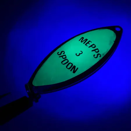 Vintage Mepps Spoon 3, 1/2oz Nickel / Green UV Glow in UV light, Fluorescent fishing spoon #5936