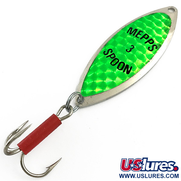 Vintage   Mepps Spoon 3, 1/2oz Nickel / Green UV Glow in UV light, Fluorescent fishing spoon #5936