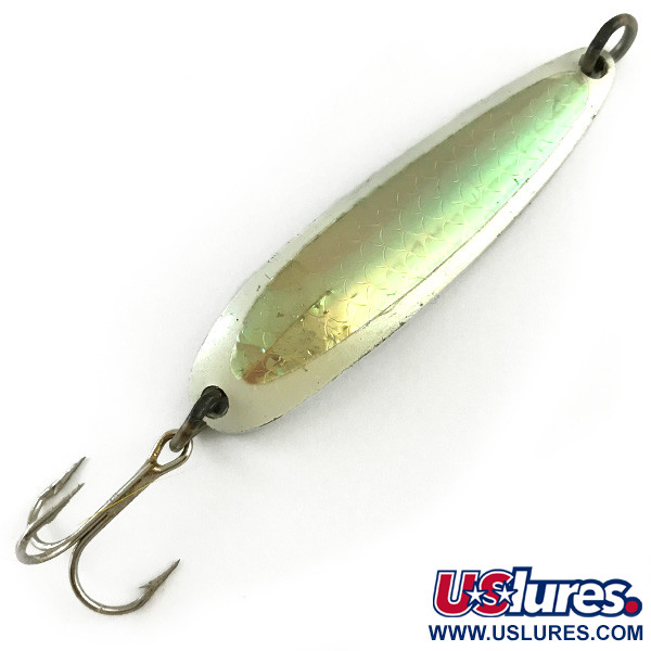 Vintage  Luhr Jensen Krocodile Die #4, 2/3oz White / Pink Green Hologram fishing spoon #6131