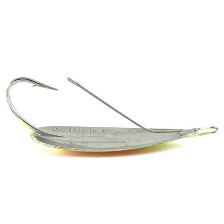 Vintage Weedless Johnson Silver Minnow UV, 3/4oz Orange / Green / Yellow / Nickel / UV Glow in UV light, Fluorescent fishing spoon #6237