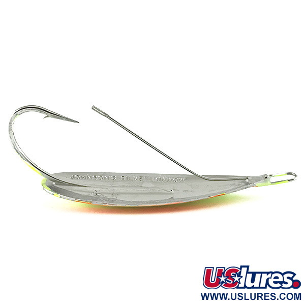 Vintage   Weedless Johnson Silver Minnow UV, 3/4oz Orange / Green / Yellow / Nickel / UV Glow in UV light, Fluorescent fishing spoon #6237