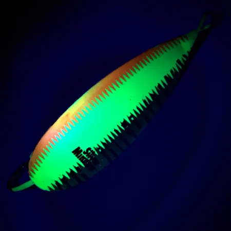 Vintage Weedless Johnson Silver Minnow UV, 3/4oz Orange / Green / Yellow / Nickel / UV Glow in UV light, Fluorescent fishing spoon #6237