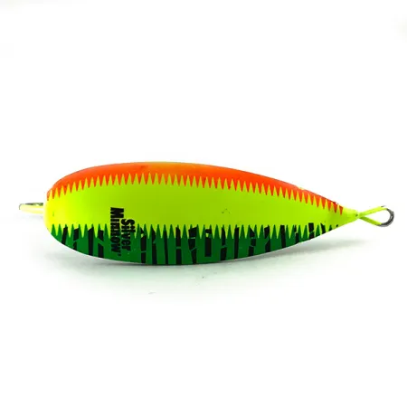Vintage Weedless Johnson Silver Minnow UV, 3/4oz Orange / Green / Yellow / Nickel / UV Glow in UV light, Fluorescent fishing spoon #6237