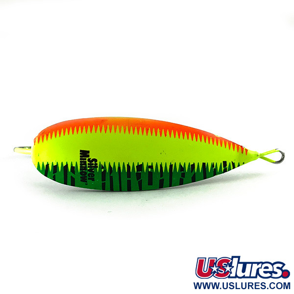 Vintage   Weedless Johnson Silver Minnow UV, 3/4oz Orange / Green / Yellow / Nickel / UV Glow in UV light, Fluorescent fishing spoon #6237