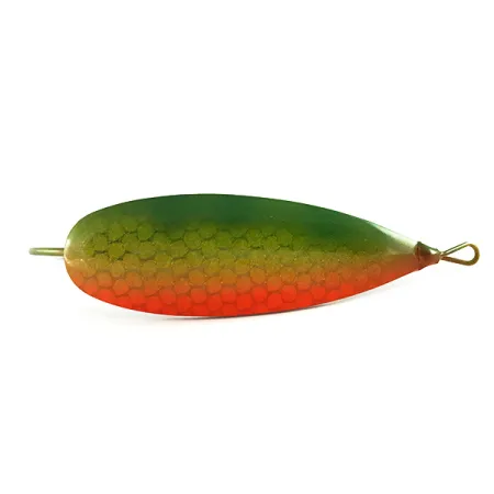 Vintage Weedless Johnson Silver Minnow, 3/4oz Green / Nickel / Orange UV Glow in UV light, Fluorescent fishing spoon #6259