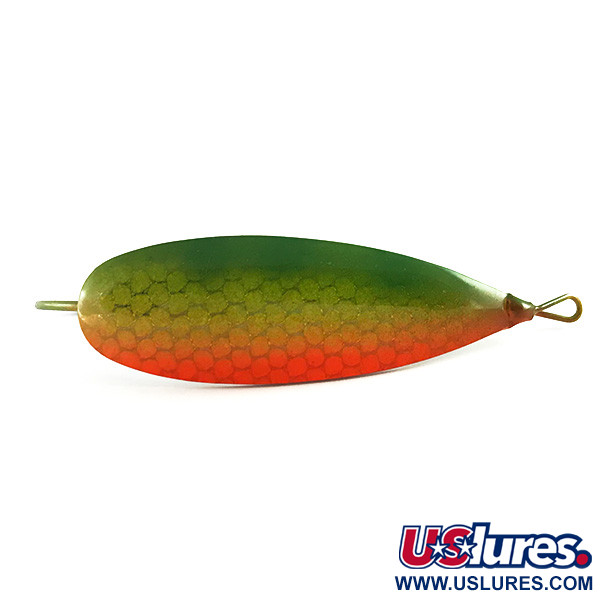 Vintage   Weedless Johnson Silver Minnow, 3/4oz Green / Nickel / Orange UV Glow in UV light, Fluorescent fishing spoon #6259