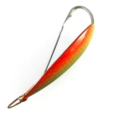 Vintage Weedless Johnson Silver Minnow, 3/4oz Green / Nickel / Orange UV Glow in UV light, Fluorescent fishing spoon #6259