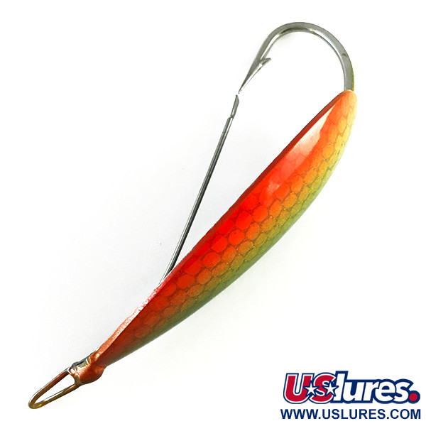 Vintage   Weedless Johnson Silver Minnow, 3/4oz Green / Nickel / Orange UV Glow in UV light, Fluorescent fishing spoon #6259