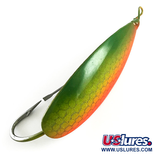 Vintage   Weedless Johnson Silver Minnow, 3/4oz Green / Nickel / Orange UV Glow in UV light, Fluorescent fishing spoon #6259