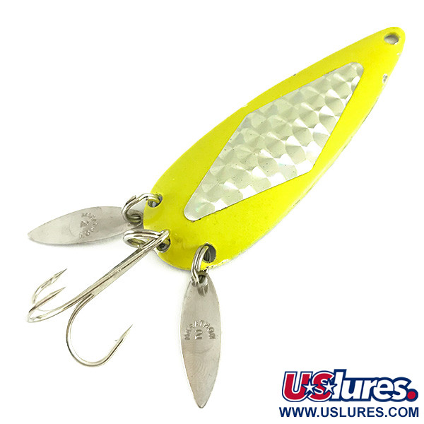 Vintage  Marathon Bait Company Marathon (with sonic blades), 3/5oz Yellow / Nickel UV Glow in UV light, Fluorescent fishing spoon #6260