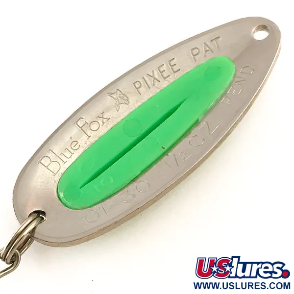 Vintage Blue Fox Pixee UV, 1/2oz Hammered Nickel / Green fishing spoon #6268