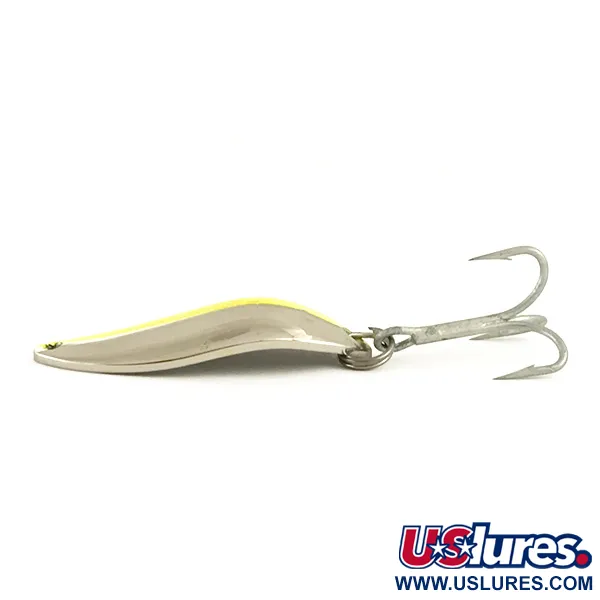 Vintage  Luhr Jensen Krocodile Stubby UV, 1/2oz Nickel / Yellow UV Glow in UV light, Fluorescent fishing spoon #6437
