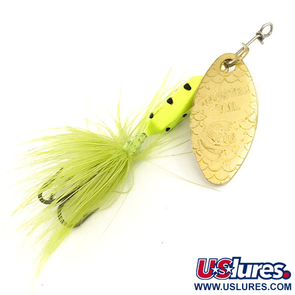 Vintage  Yakima Bait Worden’s Original Rooster Tail UV, 1/16oz Chartreuse / Gold spinning lure #6448