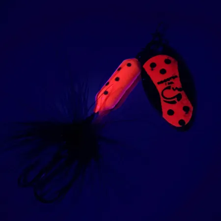Vintage Yakima Bait Worden’s Original Rooster Tail, 1/16oz Gold / Red / Black UV Glow in UV light, Fluorescent spinning lure #6449