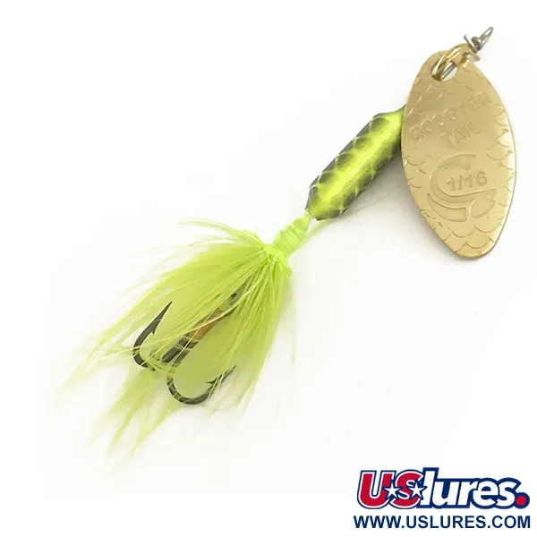 Vintage  Yakima Bait Worden’s Original Rooster Tail UV, 1/16oz Gold / Chartreuse spinning lure #6452