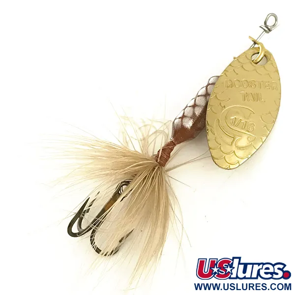 Vintage  Yakima Bait Worden’s Original Rooster Tail, 1/16oz Gold / Brown spinning lure #6453