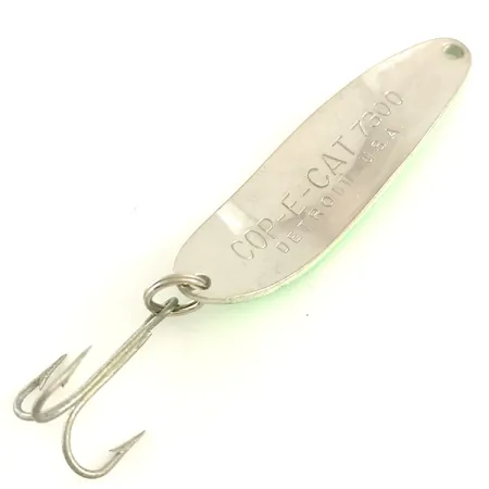 Vintage Eppinger Dardevle Cop-E-Cat 7300 Glow, 1/3oz White / Green / Nickel UV Glow in UV light, Fluorescent and Glow in Dark fishing spoon #6467