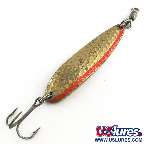 Vintage  Luhr Jensen Krocodile Die #4, 1/2oz Hammered Brass / Red fishing spoon #6491